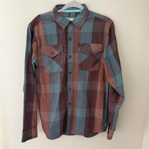 Jetty Mens Small Plaid Long Sleeve Button Down Shirt Teal Orange Cotton Woven